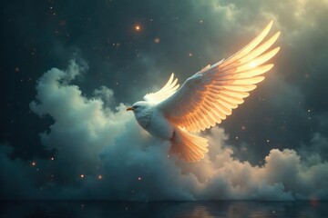 Wall Mural - A single, ethereal wing emerges from a swirling mist, its feathers luminous and iridescent, hinting at a hidden, celestial presence The image evokes mystery and otherworldly beauty , darkness, belief