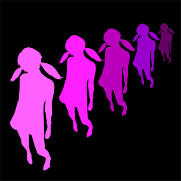 Silhouettes of Girls Walking in Gradient Shades of Pink. Vector Illustrator