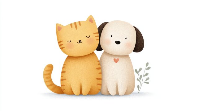 Friendly cat and dog in 3D minimal character style, isolated white background for clean stock