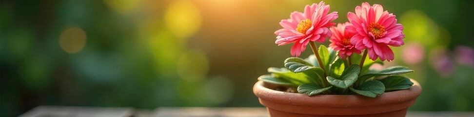 Wall Mural - a vibrant flower blooms beautifully in a rustic terracotta flowerpot, bathed in soft sunlight perfec