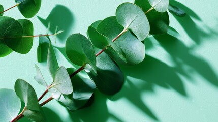 Poster - Green eucalyptus leaves arranged on a light green surface casting gentle shadows in soft sunlight