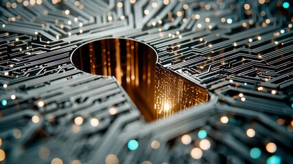 Poster - Abstract digital lock symbol composed of black circuitry and glowing orange dots, representing cybersecurity and data protection