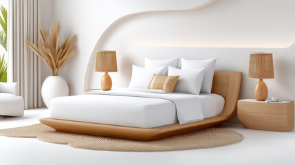 Poster - Neutral-toned bedroom with cotton linens, rattan lamp, and clean lines for a calm atmosphere