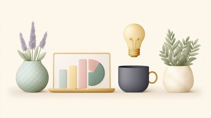 Poster - Professional 3D minimal flat business icon collection including light bulb, pie chart, and laptop