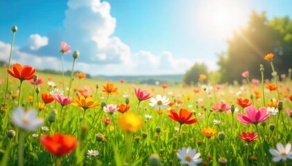 Wall Mural - A vibrant, sun-drenched field of wildflowers swaying gently in the breeze, embodying pure joy and serenity Perfect for concepts of peace, contentment, and well-being , day, uplifting