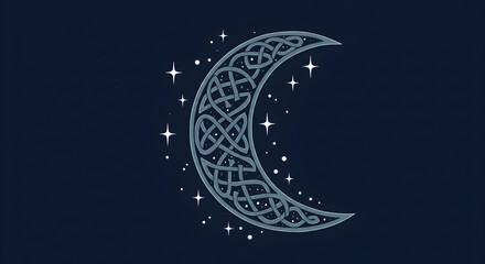 celtic crescent moon with stars on a dark blue background celestial design