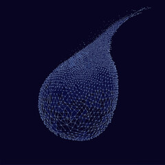 Poster - Abstract polygonal water drop formed by blue glowing connected mesh lines and dots on dark background with dynamic trailing particles effect digital vector illustration