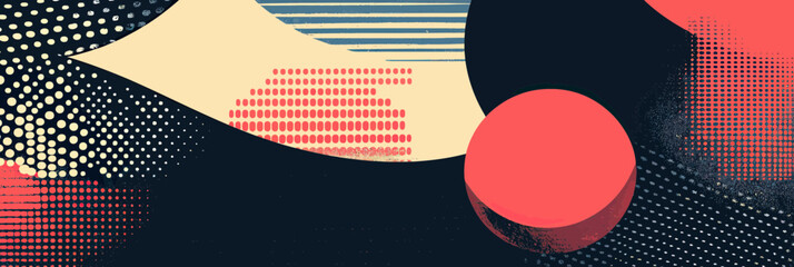 Poster - Abstract retro surreal vector composition with red spheres, dotted halftone elements, and geometric shapes in minimalist style for modern design backgrounds and posters