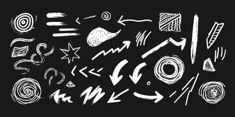 Poster - White hand drawn chalk doodle arrows, spirals, scribbles, sketch brush strokes and line elements set on blackboard texture for creative design and decoration