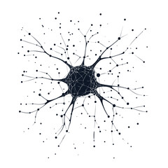 Poster - Black low poly style neuron vector illustration with thin connecting lines and dots on white background representing brain cell network and neural connections in science and medicine concepts