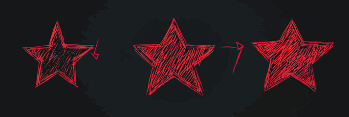 Poster - Hand drawn red line star shapes with sketch shading and directional arrows on dark chalkboard style background vector illustration