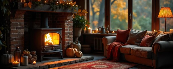 Wall Mural - Cozy autumn evening scene featuring a warm, inviting wood-burning stove casting a gentle glow on a rustic interior Perfect for home, comfort, and hygge themes , details, heat, cozy