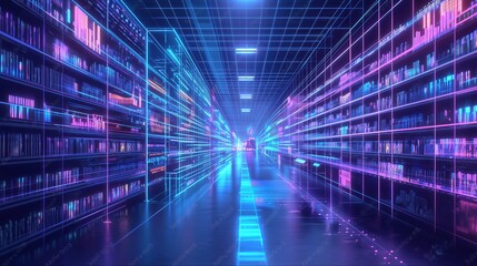 Leinwandbilder - Abstract digital virtual warehouse with shelves of data and glowing neon lights, futuristic technology concept for business innovation, data storage solutions, and cybernetic infrastructure in cyberpu