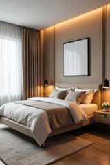 Wall Mural - Cozy and minimalist bedroom design featuring a wall-mounted bed, maximizing space and creating a streamlined aesthetic Perfect for small apartments or studios , interior, minimalist, clean lines