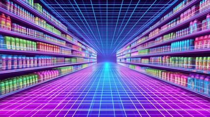 Leinwandbilder - Abstract digital virtual warehouse with shelves of data and glowing neon lights, futuristic technology concept for business innovation, data storage solutions, and cybernetic infrastructure in cyberpu