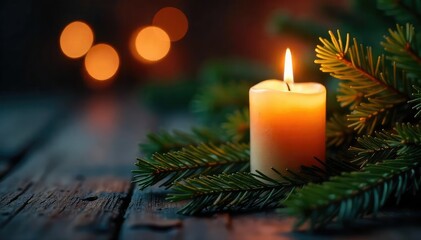 Wall Mural - cozy scene of flickering candlelight illuminating a rustic pine branch, creating a warm and inviting