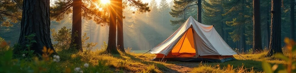 Canvas Print - Crisp morning air fills a canvas tent pitched amidst towering pines, sunlight dappling through the leaves The scene evokes serenity and the escape of nature , view, outdoors