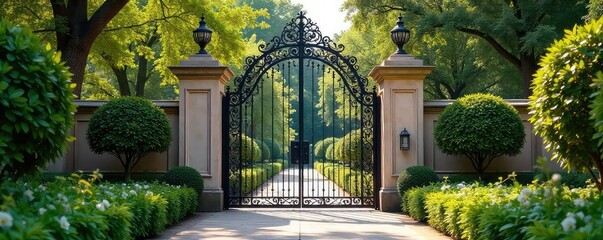 Wall Mural - Elegant gate entrance with intricate wrought iron detailing, leading to a lush garden Perfect for architectural, design, and landscaping projects , house, property