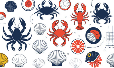 vector illustration featuring minimalistic seafood icons in a modern line-art style, easily scalable