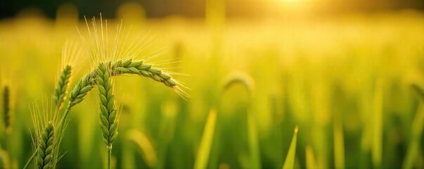 Wall Mural - Golden wheat stalks sway gently in a verdant field of grass, sunlight illuminating the ripe grains A picturesque scene of rural tranquility and agricultural abundance , ripe, sunlight