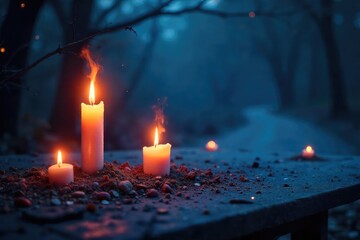 Wall Mural - intricate, branched lightning bolt candles dramatically illuminate a dark scene, casting ethereal gl