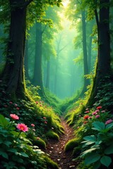 Canvas Print - lush green forest floor teeming with diverse wildflowers, ferns, and vibrant foliage sunlight filter