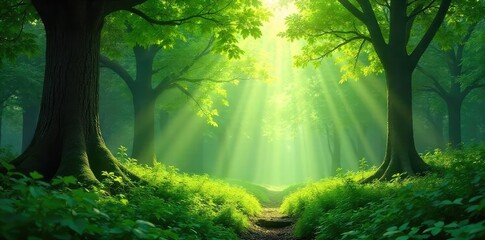 Wall Mural - Lush green forest background, dappled sunlight filtering through leaves, creating a magical atmosphere Ideal for nature-themed projects, websites, or presentations , branches, magical