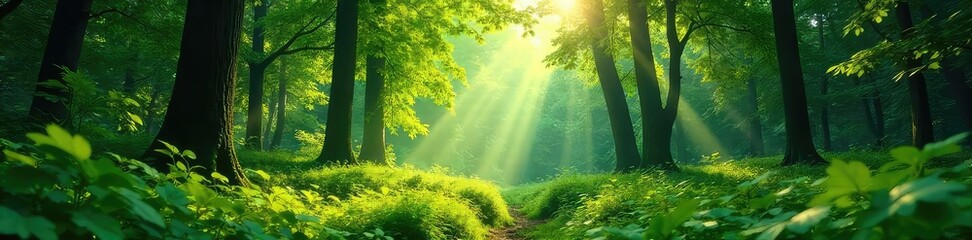 Canvas Print - lush green forest scene, dappled sunlight filtering through leaves, creating a serene and tranquil a