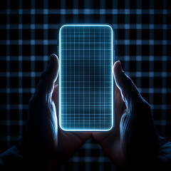 Poster - glowing smartphone held in hands against dark grid background, showcasing modern technology and digi