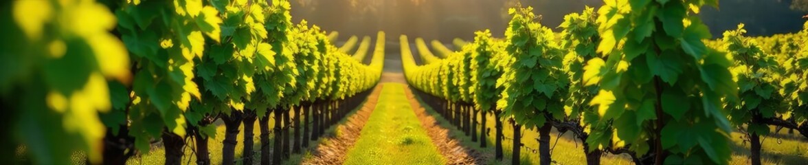Wall Mural - Lush green vines climbing trellises in a picturesque vineyard, bathed in warm sunlight Perfect for wine country themes, representing growth, harvest, and the beauty of nature , nature, leaves