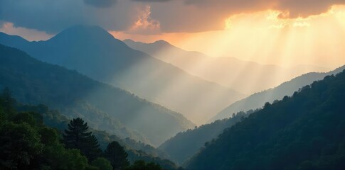 Wall Mural - Misty mountain range shrouded in smoky haze, sunbeams breaking through the clouds, creating a dramatic and ethereal landscape , light, smoky, scenery