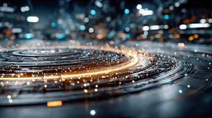Poster - Futuristic data platform with concentric circuits glowing in blue and orange, depicting advanced digital infrastructure