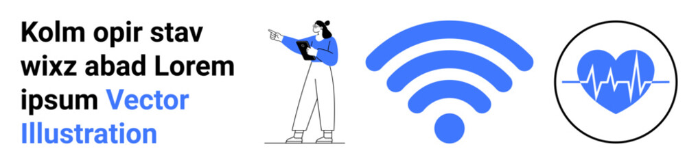 Poster - woman holding clipboard next to wireless signal and heart monitoring icon. ideal for healthcare, tec