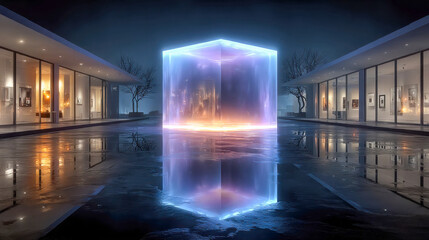 Poster - Futuristic cube installation at night between modern glass buildings, reflecting glowing lights on wet pavement