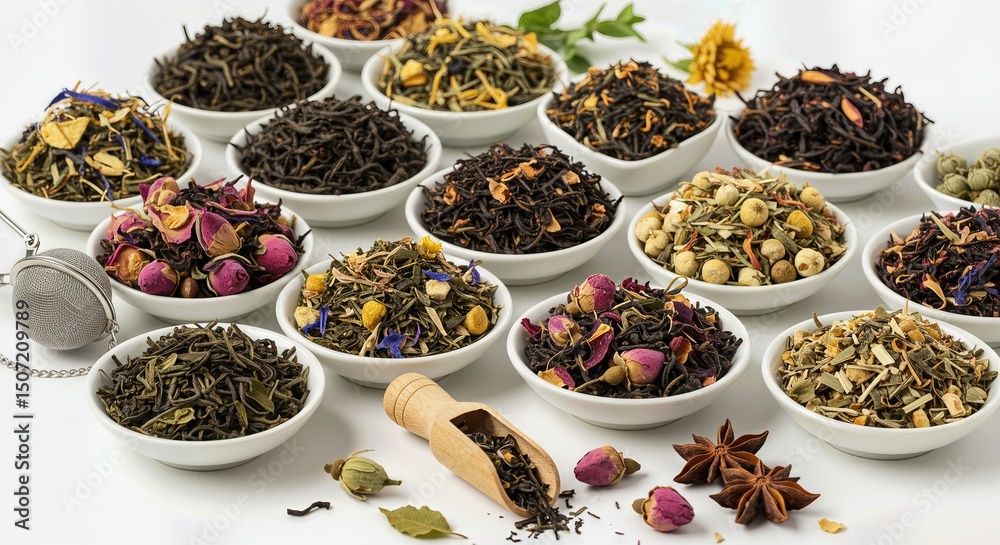Assorted loose leaf tea varieties and herbal blends displayed in white ...