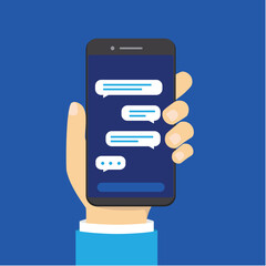 Poster - Smart phone with text messaging screen, vector illustration