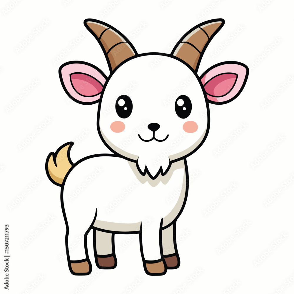 Cute white goat kid cartoon character standing adorable farm animal vector illustration.
