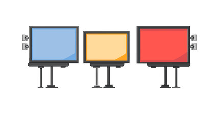 Poster - Set of Three Flat Screens with Blue Yellow and Red Displays on Stands Isolated on White Background