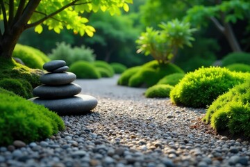 Wall Mural - Serene zen garden scene featuring carefully raked gravel, smooth stones, and lush green moss, perfect for mindfulness and tranquility , quiet, nature