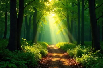 Wall Mural - Sun-dappled forest path winds through lush green canopy, dappled sunlight filtering through leaves, creating magical atmosphere Perfect for summer, nature, travel, and adventure themes , light, flora