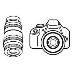 Fototapete - Camera and lens outline digital photography equipment black and white illustration.