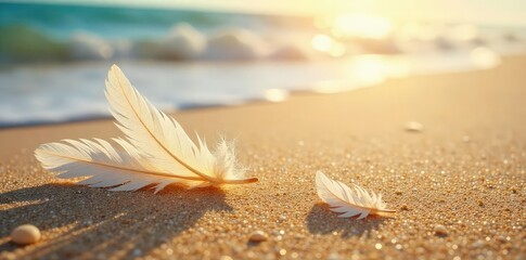 Wall Mural - Sun-kissed beach, delicate white feathers scattered across the golden sand, gentle waves lapping the shore A tranquil scene of nature's beauty , coast, landscape, macro