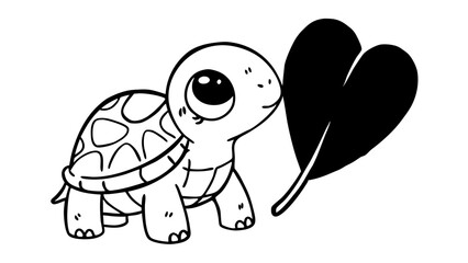 Poster - Cartoon turtle with patterned shell next to a large heart shaped leaf in black and white outline style created with generated ai