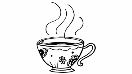 Poster - Illustration of a steaming cup of coffee with floral pattern and a handle on a white background created with generated ai