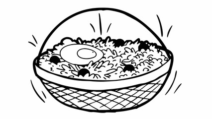 Poster - A drawing of a basket containing rice with a fried egg and black beans in black and white style art created with generated ai