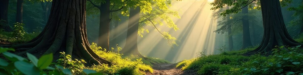 Canvas Print - sunlight dapples the forest floor, illuminating ancient trees and lush undergrowth in a remote wilde