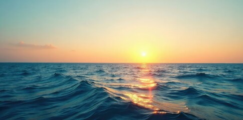 Wall Mural - Vast, serene ocean meeting a clear sky at the horizon Peaceful and calming seascape, perfect for travel or nature themes Golden hour light adds warmth , sea, view, clouds
