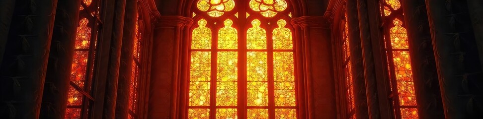 Wall Mural - vibrant church orange stained glass window, radiating light, intricate detail, rich color perfect fo