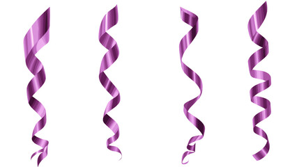 Four Purple Ribbons Curled Vertically on a White Background for Festive Celebrations and Decorative Purposes