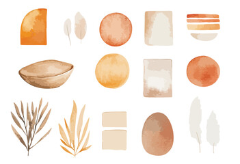 Poster - Collection of minimalistic abstract shapes and plants of beige colors, isolated watercolor illustration